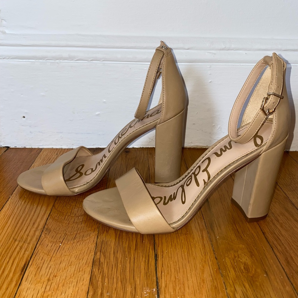Sam Edelman Tan YARO Block Heel Sandals - Soft Beige Leather